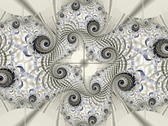 a black and white fractal with spiraliing lines and subtle blue highlights
