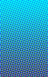 an blue to cyan graduation comprised of cyan magenta black and yellow process colour circles