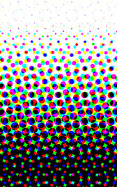 white to black graduation composed of coloured halftone print dots