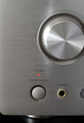 Close up on the front of a home entertainment sound system amplifier reciever