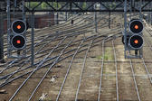 Two red railway signals on overhead gantries suspended over multiple criss crossing tracks