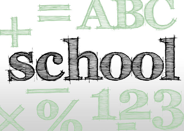 hand drawn type effect spelling school and surround by various education concepts for maths and english learning