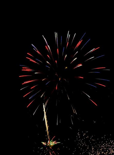 a colourful rocket lights up the night sky on bonfire night