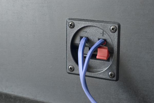 Speaker wires connected to spring loaded terminals on the back of a speaker cabinet