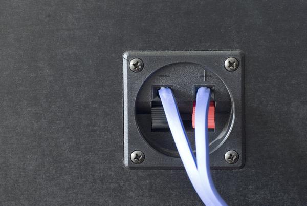Speaker wires connected to spring loaded terminals on the back of a speaker cabinet
