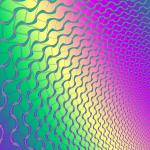 a rainbow coloured background with overlaid curved mesh