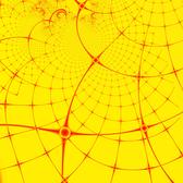 red cruved and twisted mesh design on a yellow background