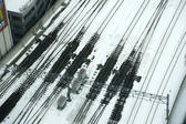 Railway lines in winter with snow melted around electrically heated points
