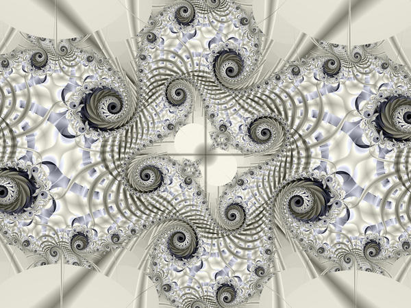a black and white fractal with spiraliing lines and subtle blue highlights