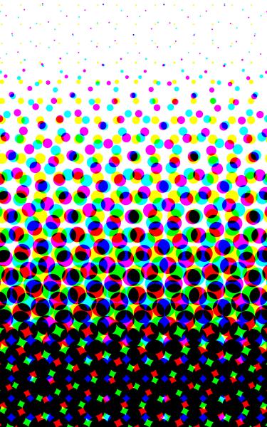 white to black graduation composed of coloured halftone print dots