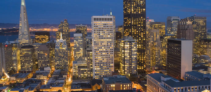 san francisco night panorama brightly lit cityscape of san francisco downtown in the late evening